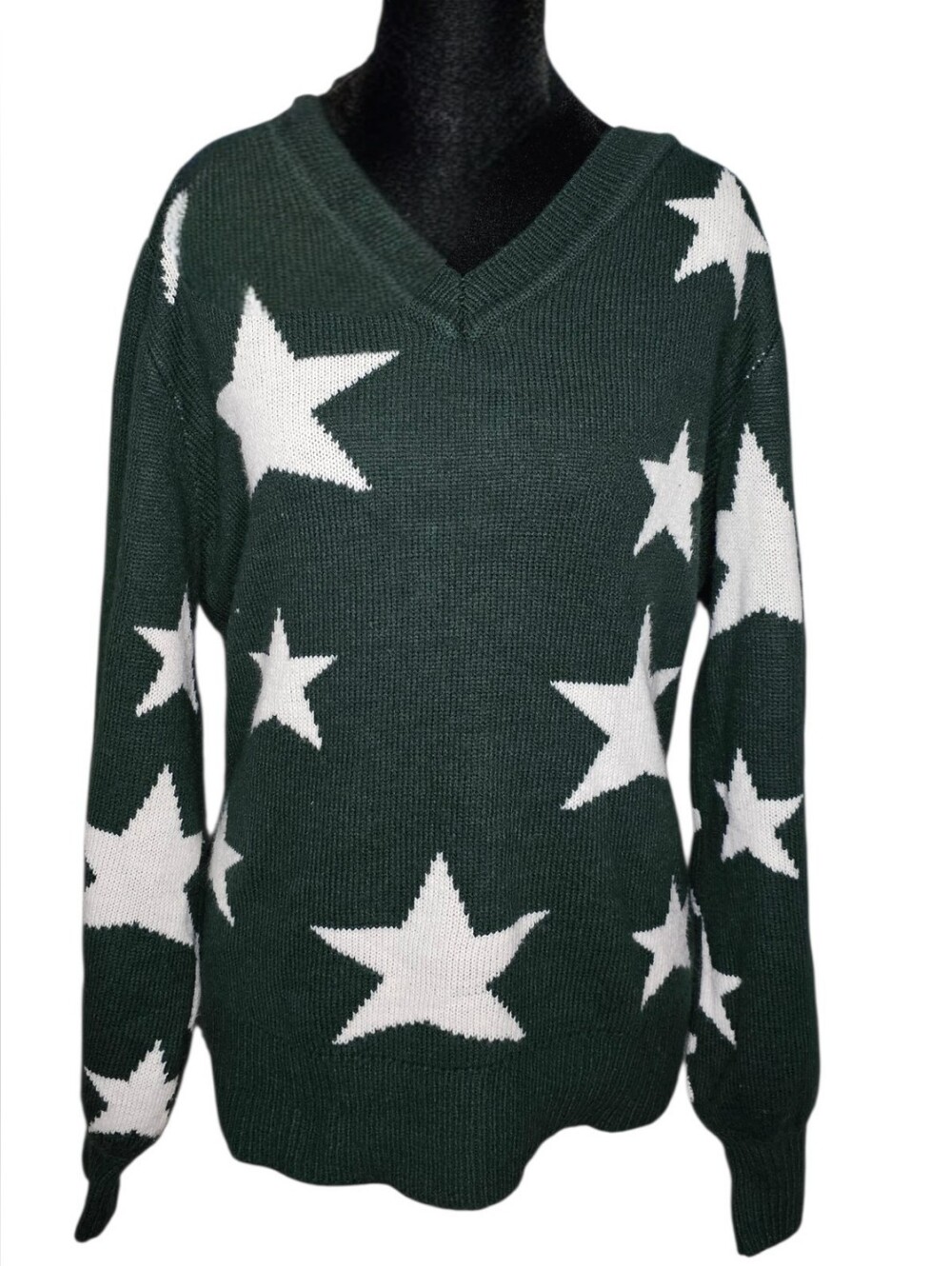 Zenana Green & White Star Print V-Neck Knit Sweater Size L